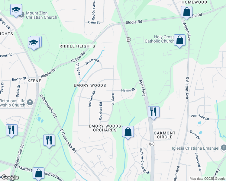 map of restaurants, bars, coffee shops, grocery stores, and more near 3001 Kirby Street in Durham