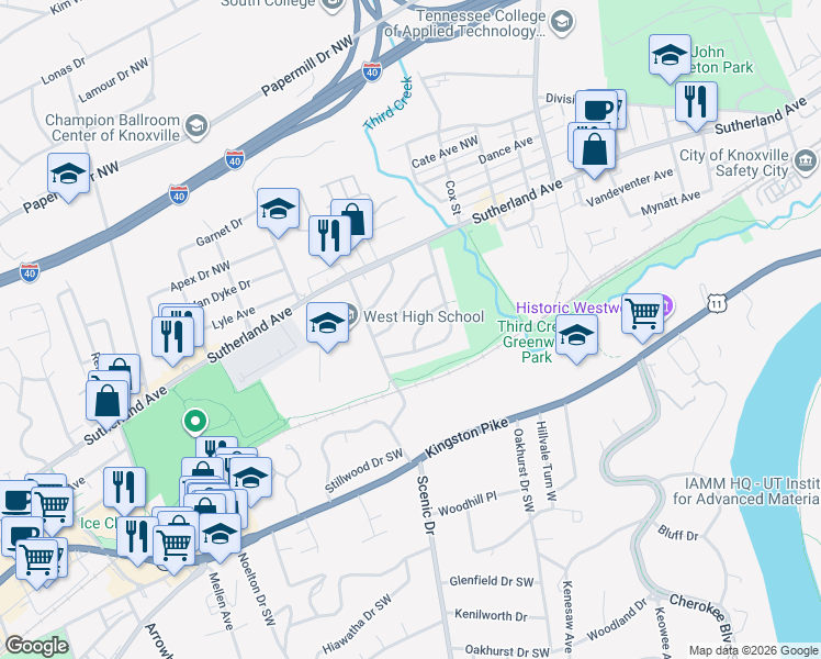 map of restaurants, bars, coffee shops, grocery stores, and more near 3928 West Bellemeade Avenue in Knoxville