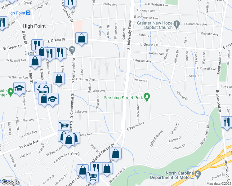 map of restaurants, bars, coffee shops, grocery stores, and more near 802 Wise Avenue in High Point