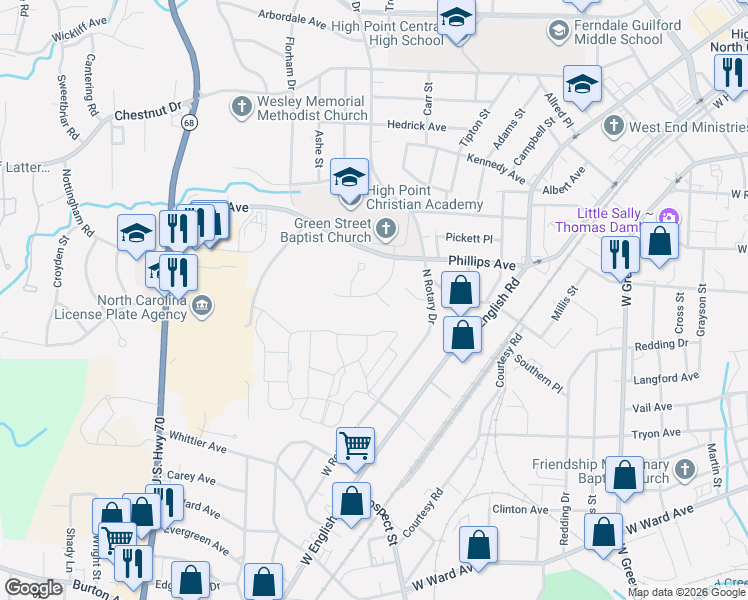 map of restaurants, bars, coffee shops, grocery stores, and more near 617 Williamsburg Terrace in High Point