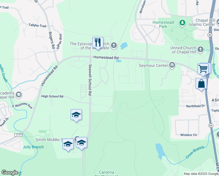 map of restaurants, bars, coffee shops, grocery stores, and more near 304 Chesapeake Way in Chapel Hill