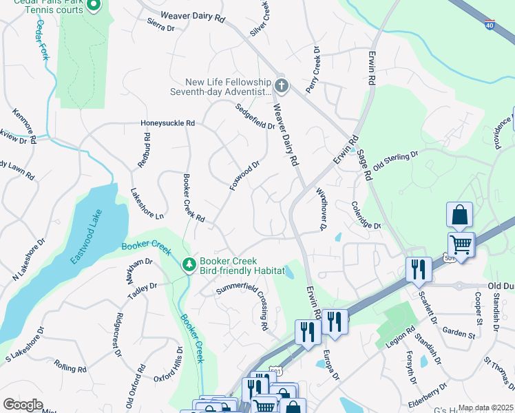 map of restaurants, bars, coffee shops, grocery stores, and more near 218 Kirkwood Drive in Chapel Hill