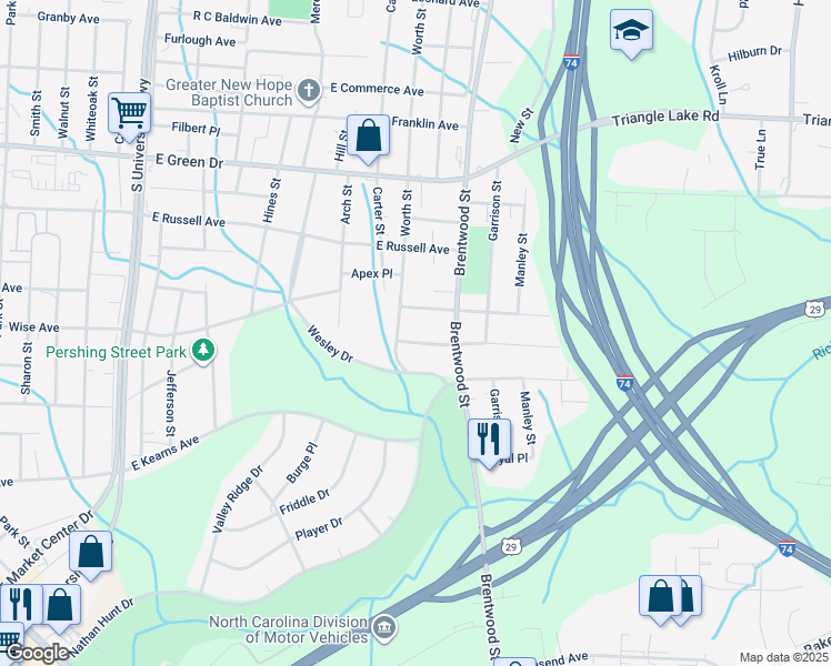 map of restaurants, bars, coffee shops, grocery stores, and more near 2107 Friends Avenue in High Point