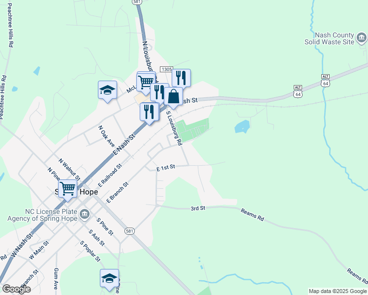map of restaurants, bars, coffee shops, grocery stores, and more near 205 South Louisburg Road in Spring Hope