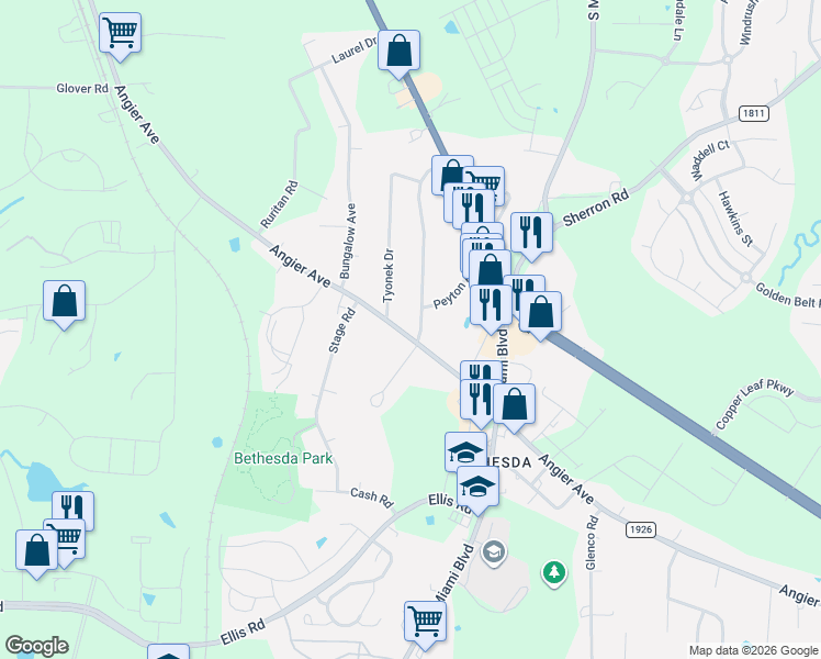 map of restaurants, bars, coffee shops, grocery stores, and more near 3915 Angier Avenue in Durham