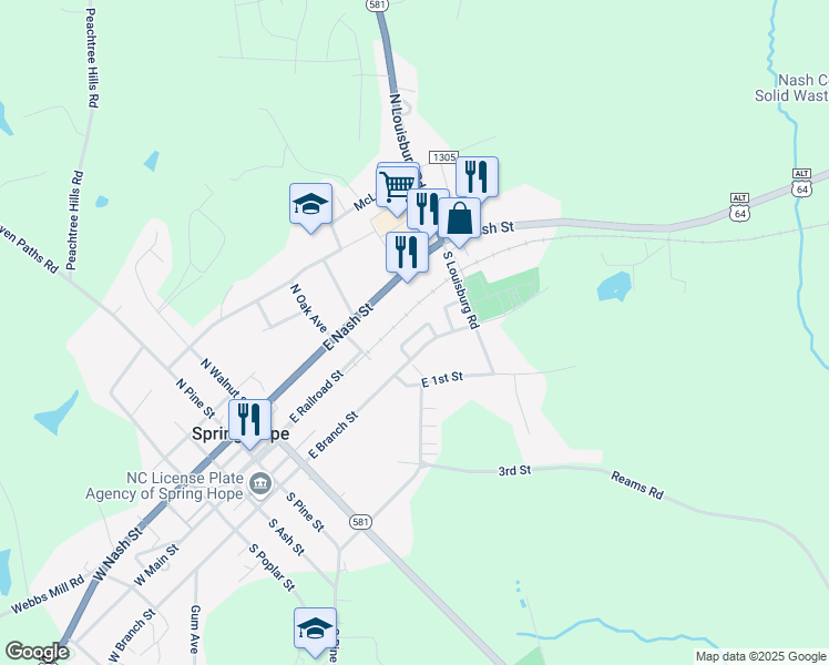 map of restaurants, bars, coffee shops, grocery stores, and more near 900 Ridgeway Drive in Spring Hope