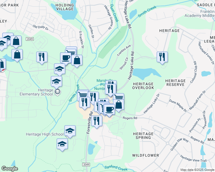 map of restaurants, bars, coffee shops, grocery stores, and more near 904 Tucker Hollow Lane in Wake Forest