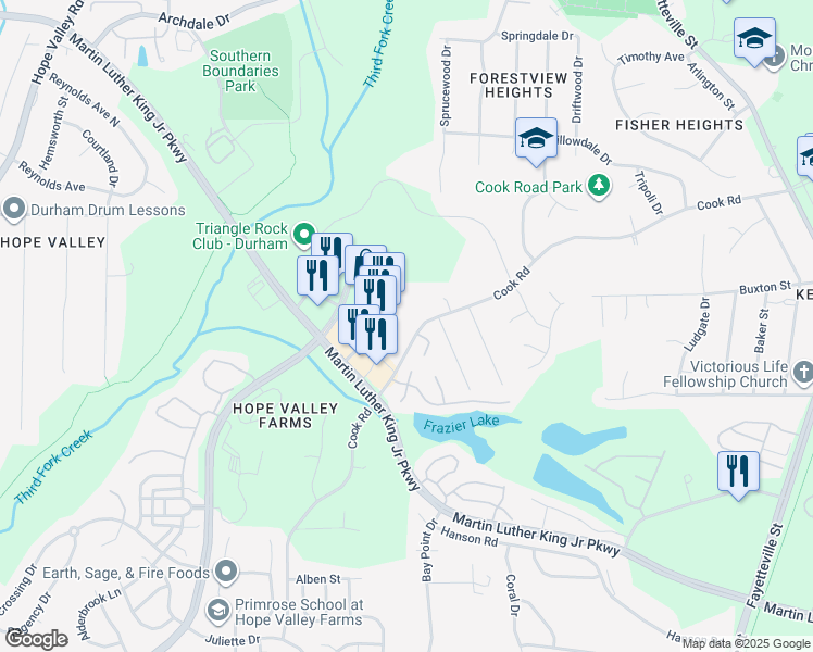 map of restaurants, bars, coffee shops, grocery stores, and more near 119 South Roxboro Street in Durham