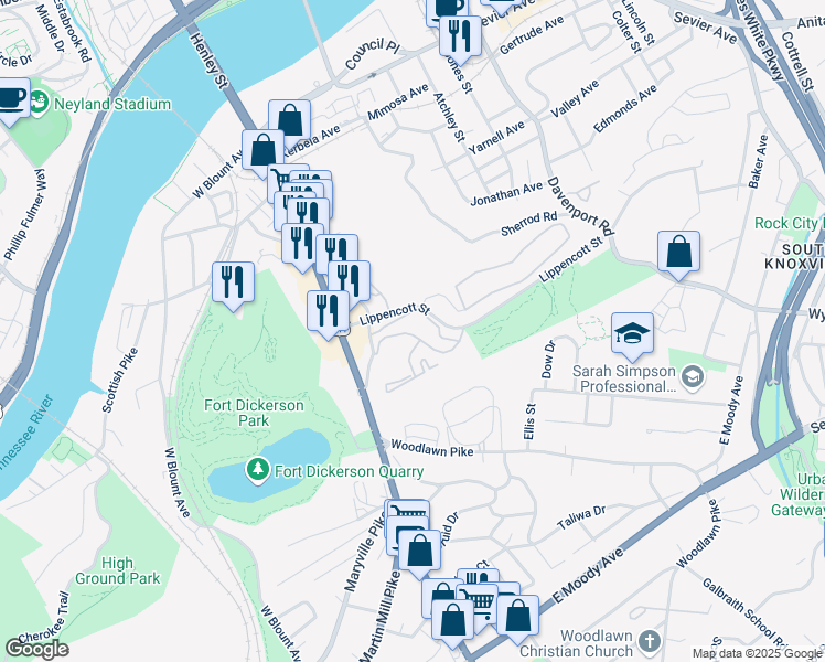 map of restaurants, bars, coffee shops, grocery stores, and more near 301 Lippencott Street in Knoxville