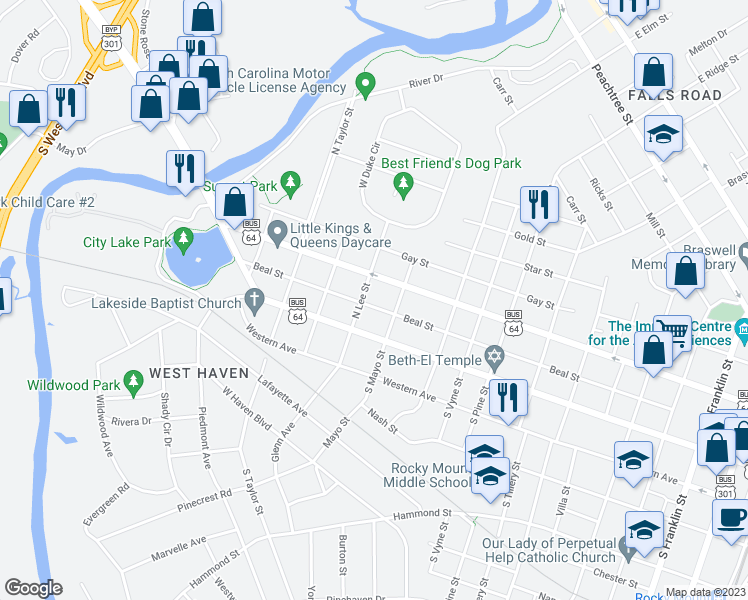 map of restaurants, bars, coffee shops, grocery stores, and more near 1220 Beal Street in Rocky Mount