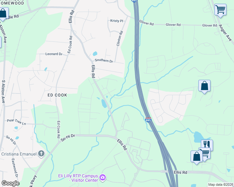 map of restaurants, bars, coffee shops, grocery stores, and more near 1443 Ellis Road in Durham