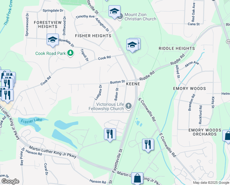 map of restaurants, bars, coffee shops, grocery stores, and more near 4020 Baker Street in Durham