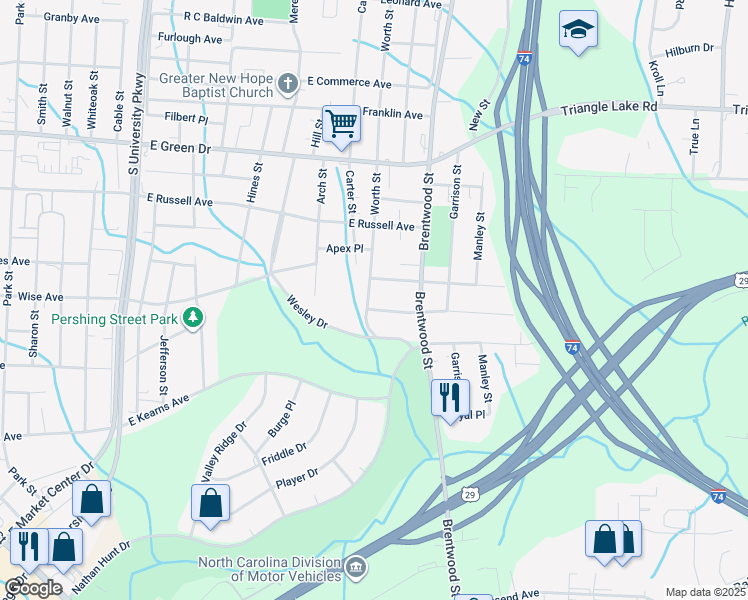 map of restaurants, bars, coffee shops, grocery stores, and more near 1607 Worth Street in High Point