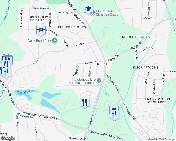 map of restaurants, bars, coffee shops, grocery stores, and more near 4020 Baker Street in Durham