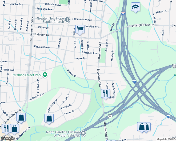 map of restaurants, bars, coffee shops, grocery stores, and more near 1607 Worth Street in High Point