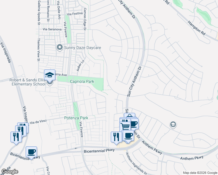 map of restaurants, bars, coffee shops, grocery stores, and more near 2200 Stony Prairie Court in Henderson
