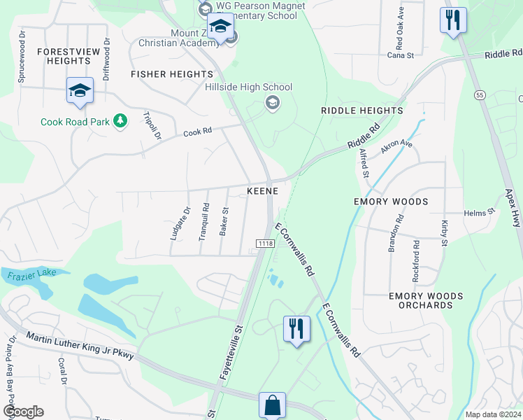 map of restaurants, bars, coffee shops, grocery stores, and more near 4007 Booker Avenue in Durham