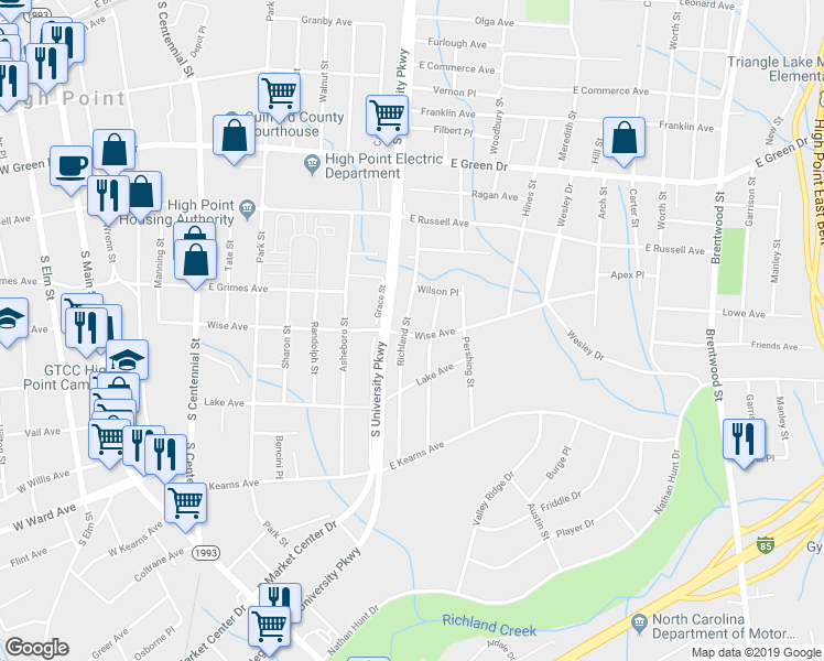 map of restaurants, bars, coffee shops, grocery stores, and more near 917 Richland Street in High Point