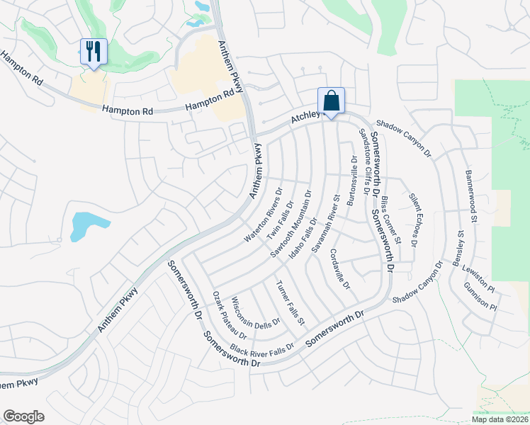 map of restaurants, bars, coffee shops, grocery stores, and more near 2155 Waterton Rivers Drive in Henderson
