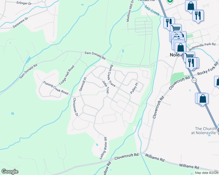 map of restaurants, bars, coffee shops, grocery stores, and more near 4758 Jobe Trail in Nolensville