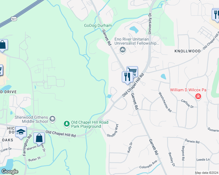map of restaurants, bars, coffee shops, grocery stores, and more near 94 Grapevine Trail in Durham