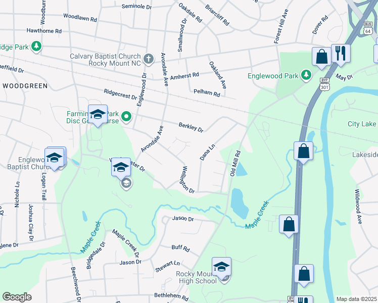 map of restaurants, bars, coffee shops, grocery stores, and more near 109 Wellington Court in Rocky Mount