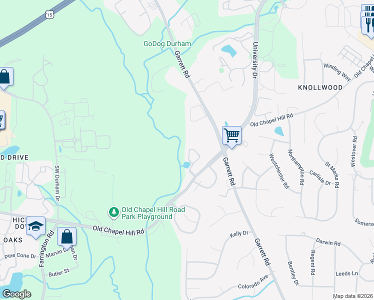 map of restaurants, bars, coffee shops, grocery stores, and more near 82 Grapevine Trail in Durham