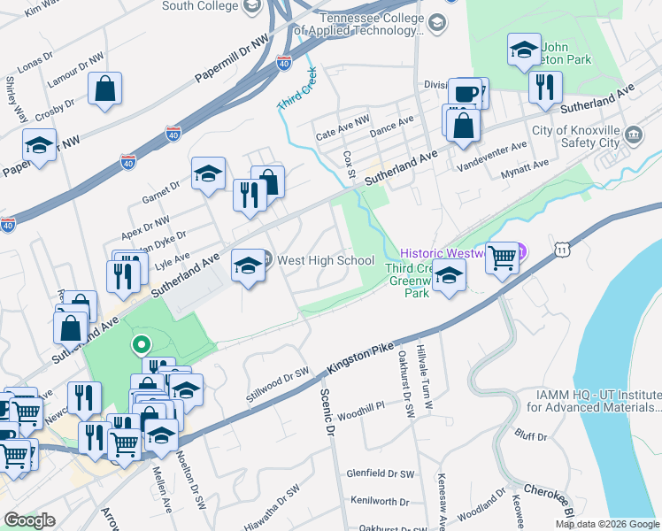map of restaurants, bars, coffee shops, grocery stores, and more near 3915 Briargate Avenue in Knoxville
