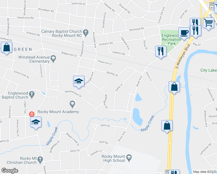 map of restaurants, bars, coffee shops, grocery stores, and more near 109 Wellington Court in Rocky Mount