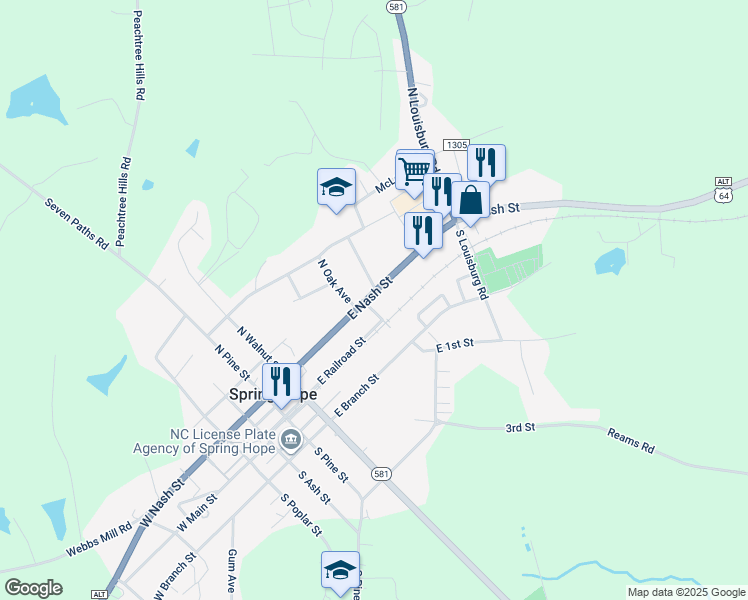 map of restaurants, bars, coffee shops, grocery stores, and more near 404 East Nash Street in Spring Hope