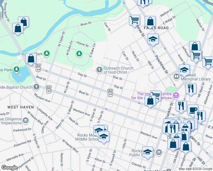 map of restaurants, bars, coffee shops, grocery stores, and more near 408 North Pine Street in Rocky Mount