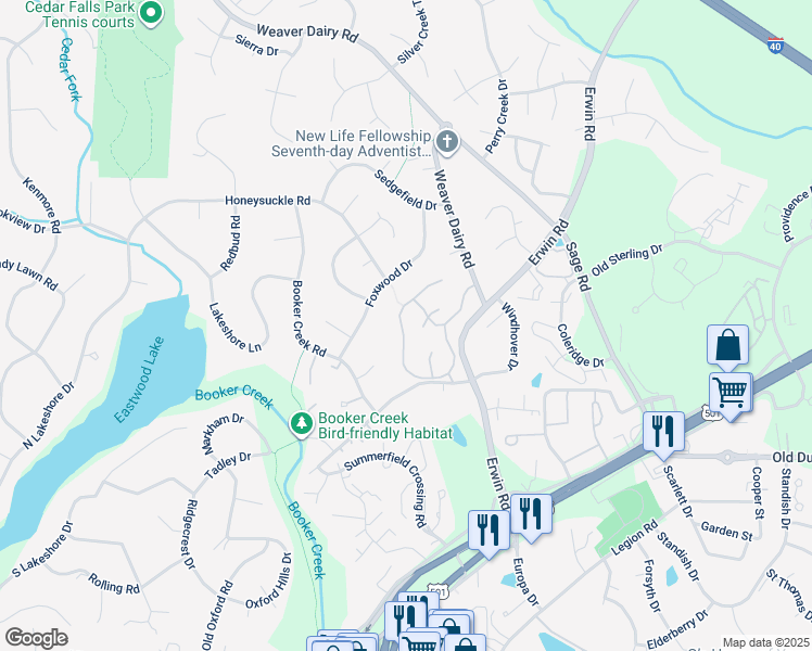 map of restaurants, bars, coffee shops, grocery stores, and more near 222 Kirkwood Drive in Chapel Hill