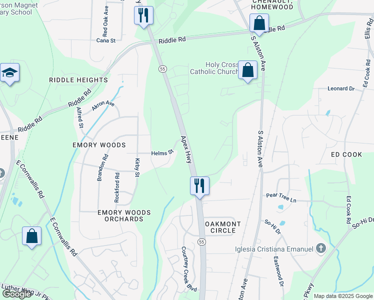 map of restaurants, bars, coffee shops, grocery stores, and more near 2568 Apex Highway in Durham