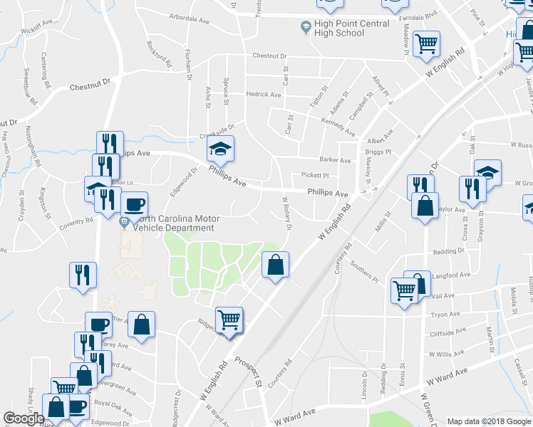 map of restaurants, bars, coffee shops, grocery stores, and more near 209 North Rotary Drive in High Point
