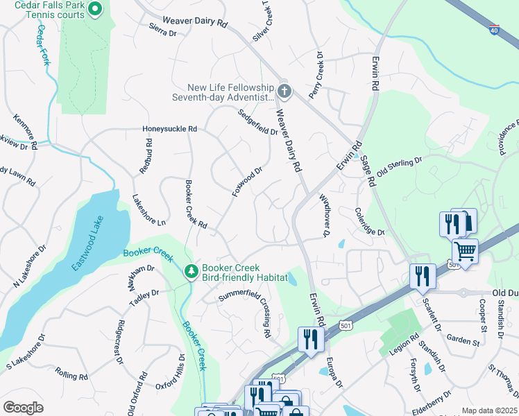 map of restaurants, bars, coffee shops, grocery stores, and more near 222 Kirkwood Drive in Chapel Hill