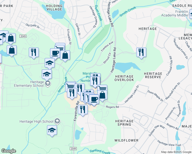 map of restaurants, bars, coffee shops, grocery stores, and more near 904 Tucker Hollow Lane in Wake Forest