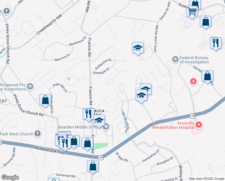 map of restaurants, bars, coffee shops, grocery stores, and more near 1212 Great Oaks Way in Knoxville