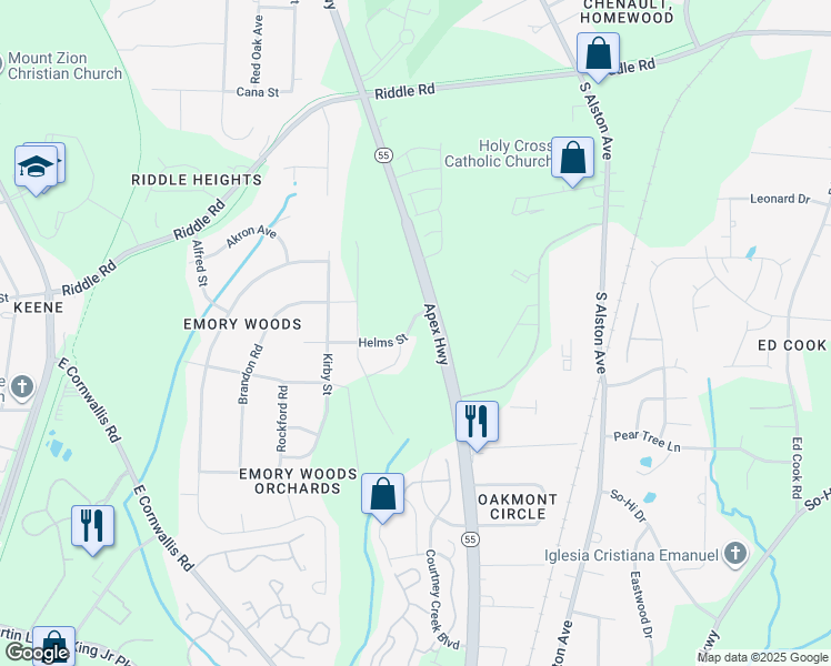 map of restaurants, bars, coffee shops, grocery stores, and more near 2561 Apex Highway in Durham