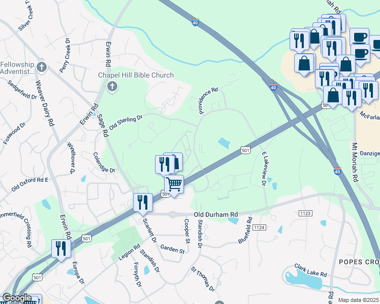 map of restaurants, bars, coffee shops, grocery stores, and more near in Chapel Hill