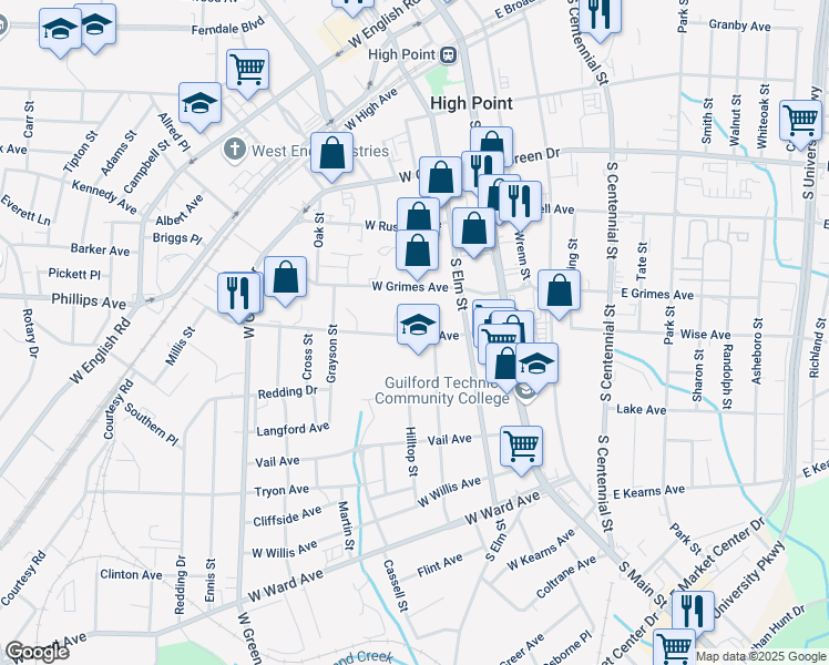 map of restaurants, bars, coffee shops, grocery stores, and more near 308 Taylor Avenue in High Point