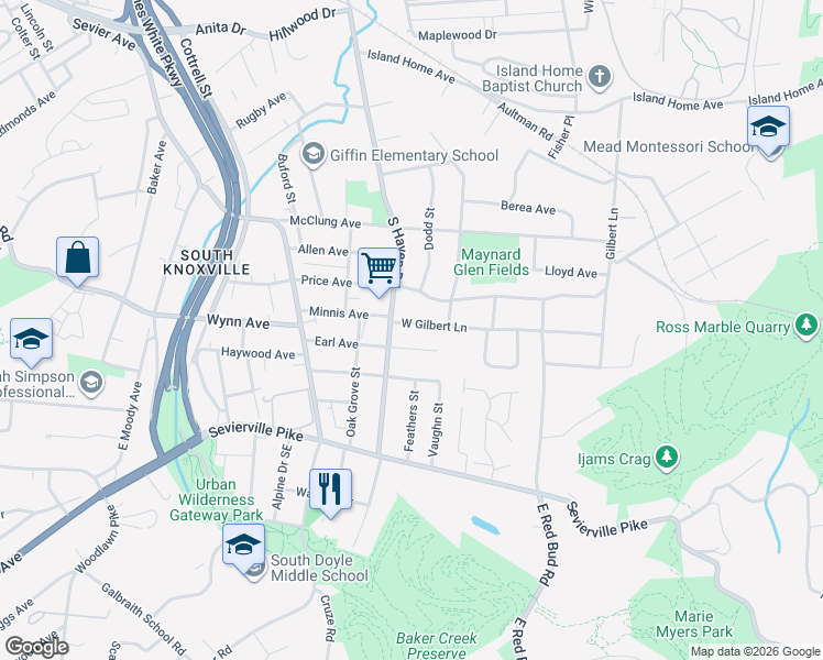 map of restaurants, bars, coffee shops, grocery stores, and more near 1901 West Gilbert Lane in Knoxville