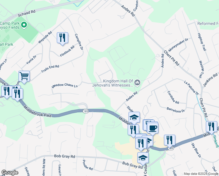 map of restaurants, bars, coffee shops, grocery stores, and more near 9360 Ridges Meadow Lane in Knoxville