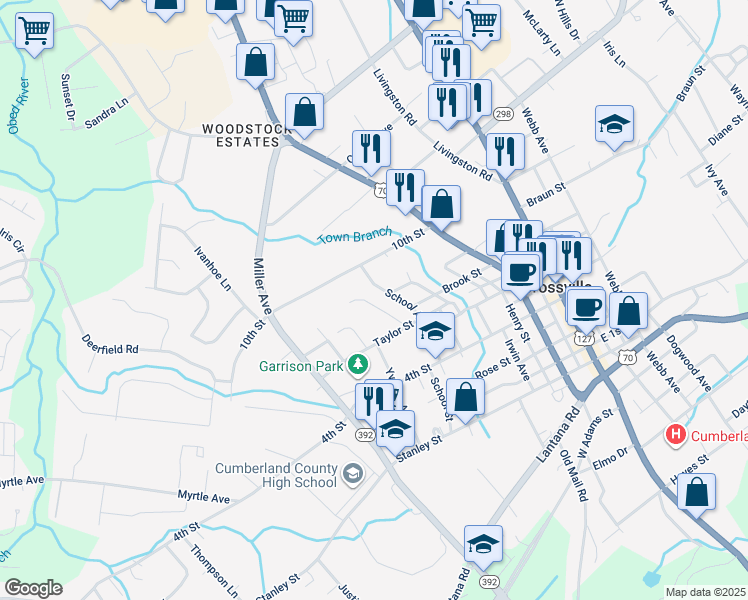 map of restaurants, bars, coffee shops, grocery stores, and more near 274 School Avenue in Crossville