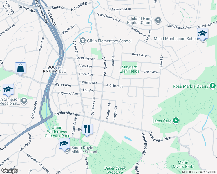map of restaurants, bars, coffee shops, grocery stores, and more near 1901 West Gilbert Lane in Knoxville