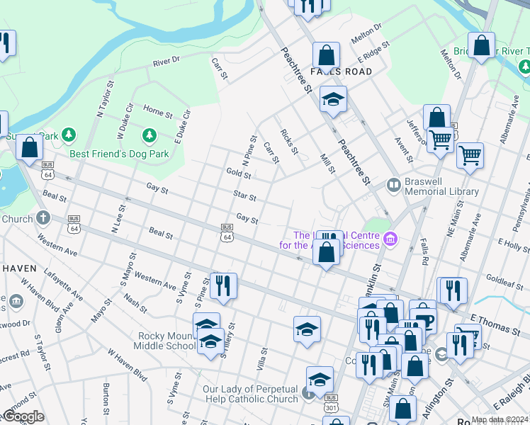 map of restaurants, bars, coffee shops, grocery stores, and more near 411 North Tillery Street in Rocky Mount