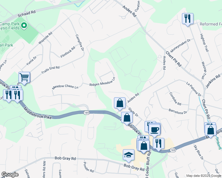 map of restaurants, bars, coffee shops, grocery stores, and more near 9360 Ridges Meadow Lane in Knoxville