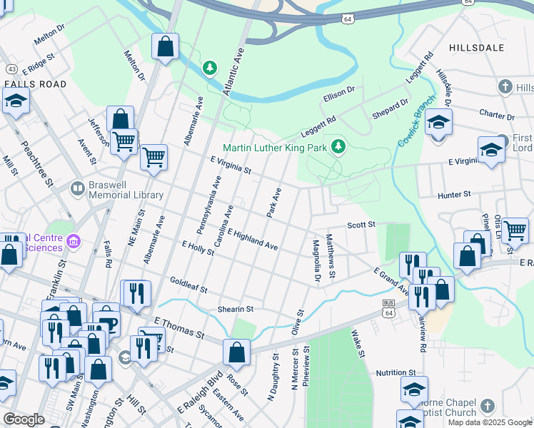 map of restaurants, bars, coffee shops, grocery stores, and more near 622 East Grand Avenue in Rocky Mount