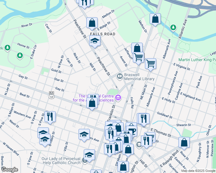 map of restaurants, bars, coffee shops, grocery stores, and more near 409 Mill Street in Rocky Mount