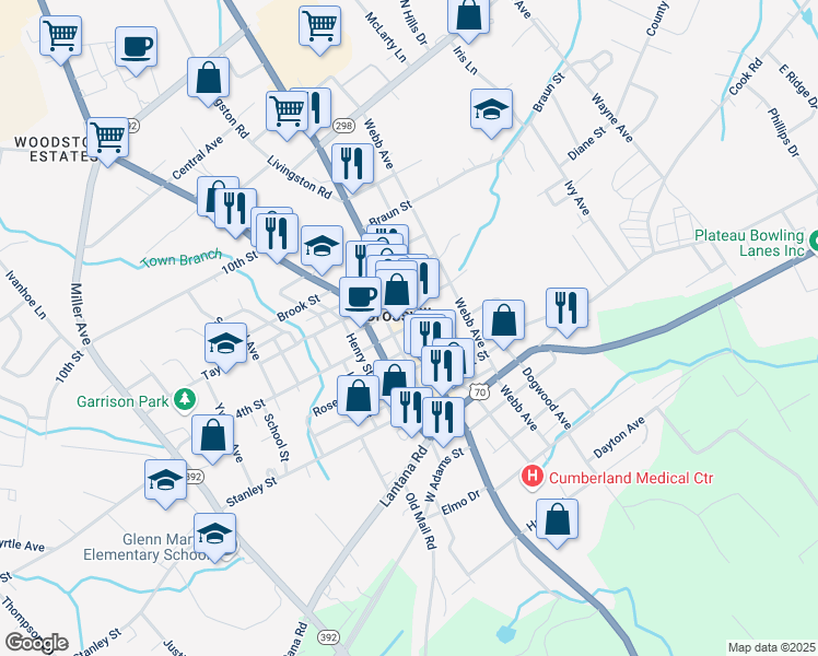 map of restaurants, bars, coffee shops, grocery stores, and more near 39 North Main Street in Crossville