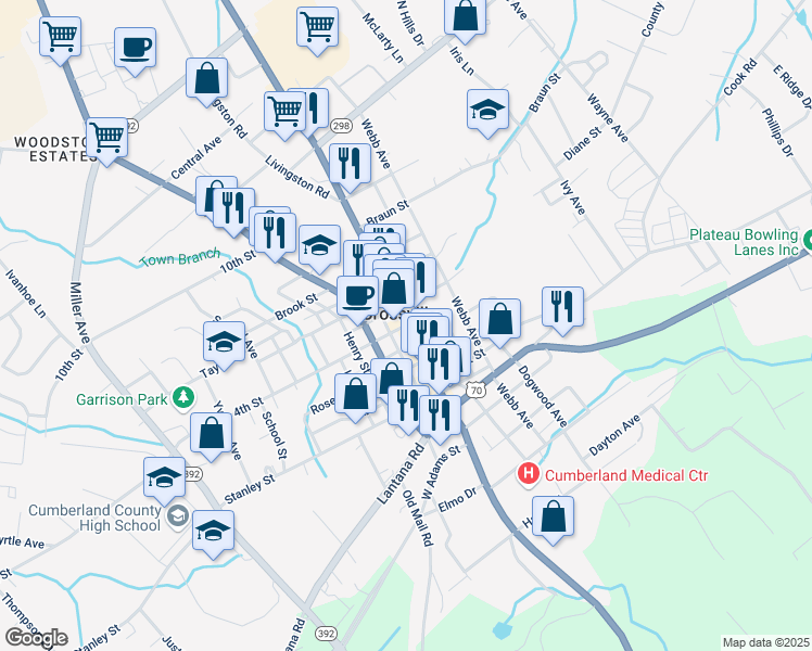 map of restaurants, bars, coffee shops, grocery stores, and more near 39 North Main Street in Crossville